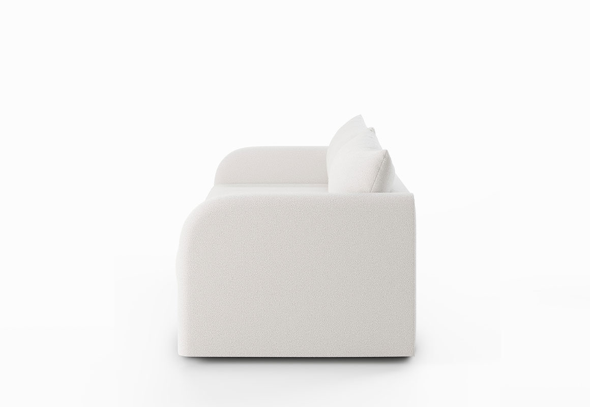 white boucle channel tufted sofa side view