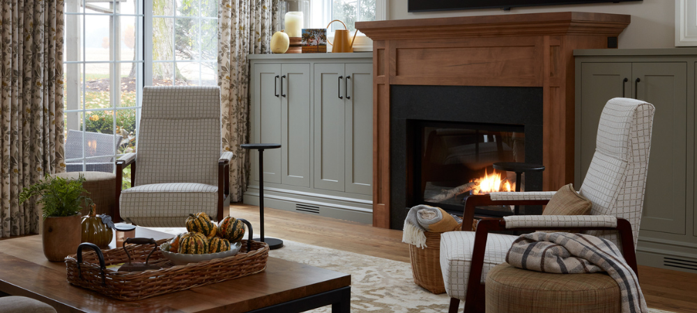 custom vogel recliner in front of a fireplace in a cozy living room