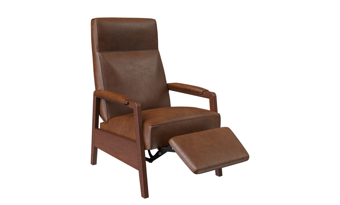 Vogel oxford comfortable recliner shown with footrest out and handcrafted in Toronto, Canada.