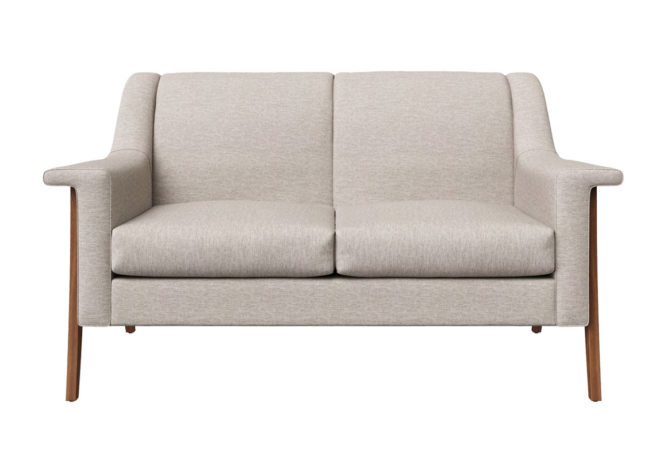 mid-century modern loveseat with exposed wood legs