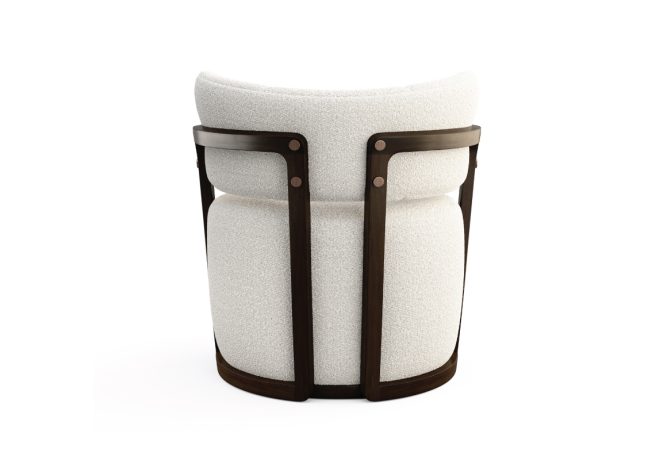 back view of modern swivel tub chair with exposed wood frame