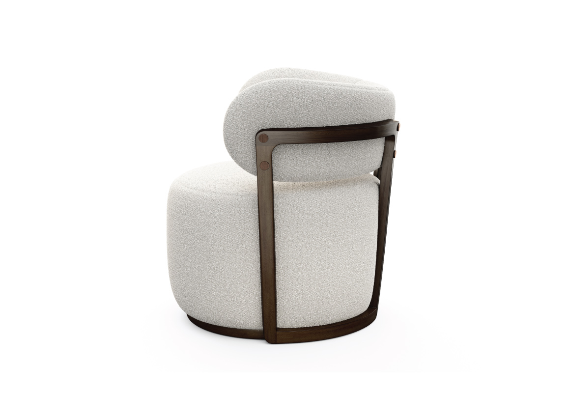 side view of exposed wood frame tub chair, Canadian made swivel chair